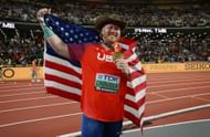 Ryan Crouser reacts after winning a Gold Medal in the Men's Shot Put during the World Athletics Championships in Budapest, Hungary.